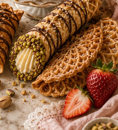Pizzelle rolled into dessert shells with chocolate, pistachio, and fresh strawberries