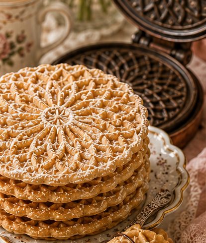 A stack of handcrafted Southern Sweets pizzelle cookies beside a vintage pizzelle iron