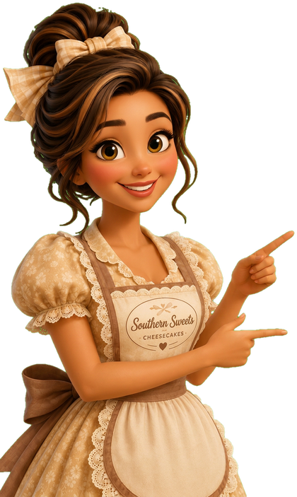 Maggie, the Southern Sweets mascot, pointing at the Shop Now button